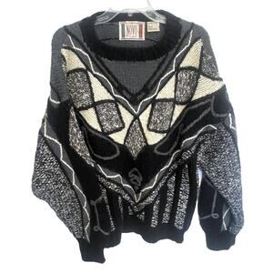 NOVO Vintage 80's Textured Sweater Mens Large Black Gray Cream Chunky 3D VTG